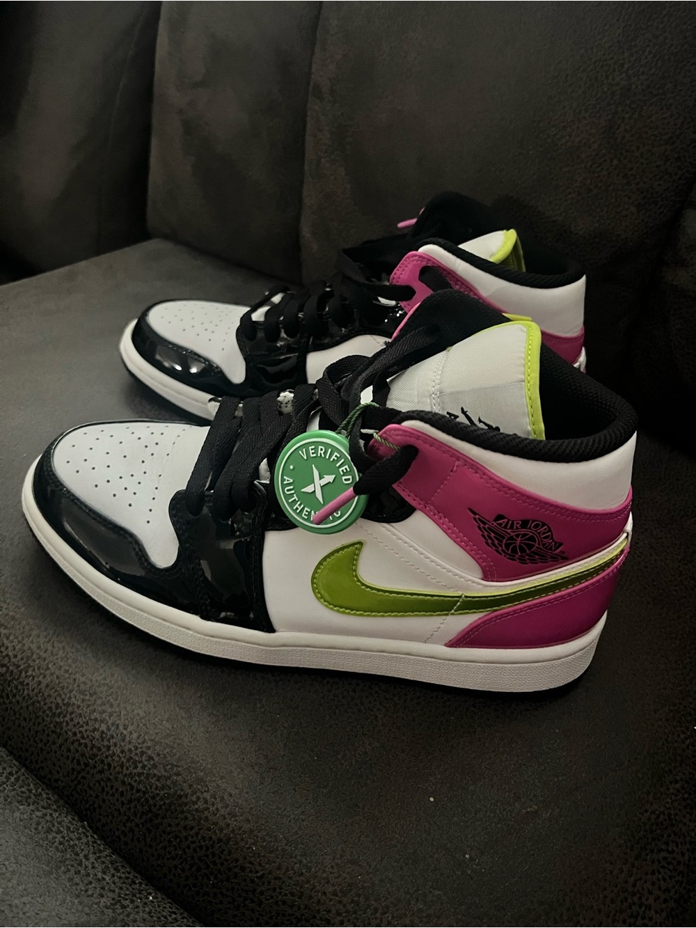Jordan Mid White, Black, Pink & Lime Green Swoosh